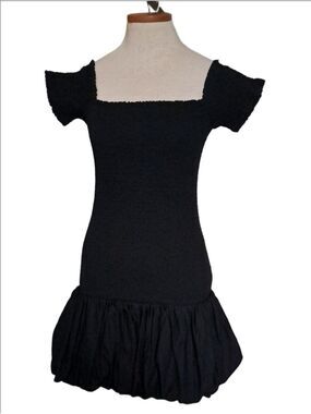 H&M Black Smocked stretch top bubble hem bottom Dress short fairy core whimsy SM